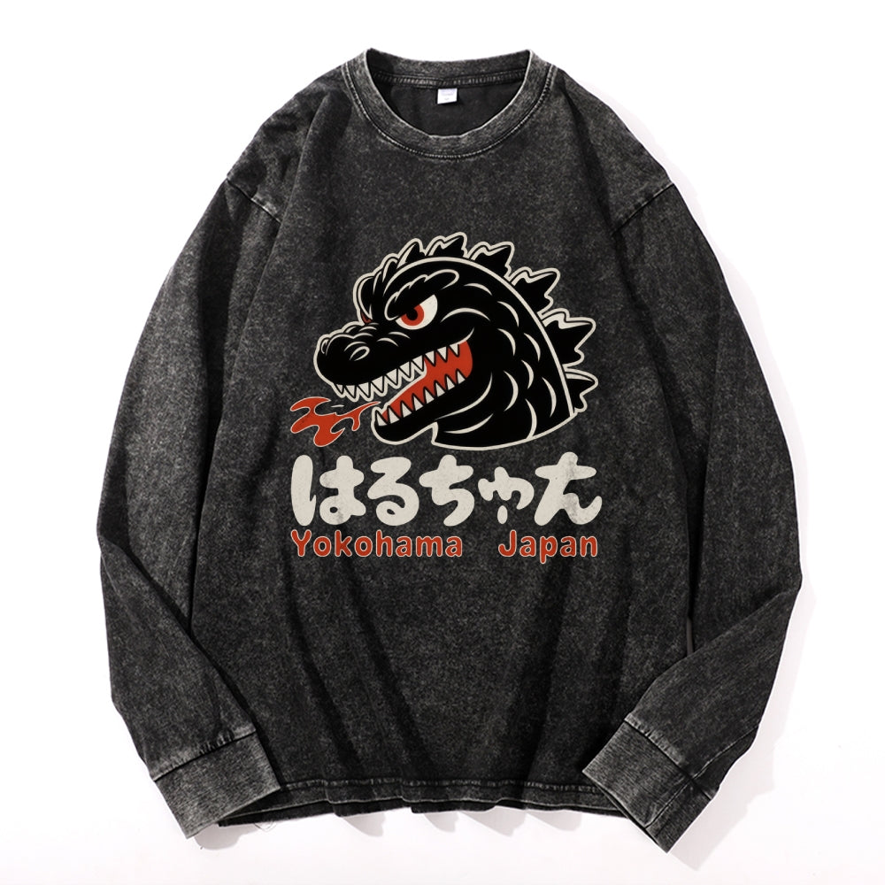 Yokohama Kaiju Vintage Cotton Wash Crewneck Long-Sleeve T-Shirt