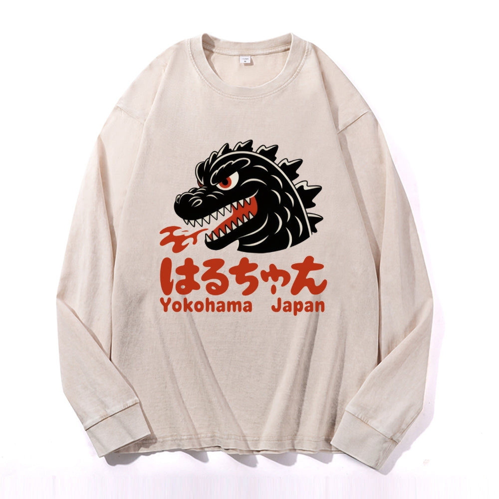Yokohama Kaiju Vintage Cotton Wash Crewneck Long-Sleeve T-Shirt