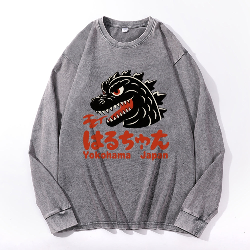 Yokohama Kaiju Vintage Cotton Wash Crewneck Long-Sleeve T-Shirt