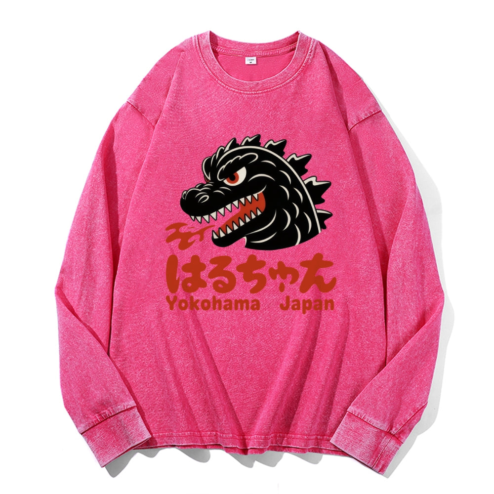 Yokohama Kaiju Vintage Cotton Wash Crewneck Long-Sleeve T-Shirt