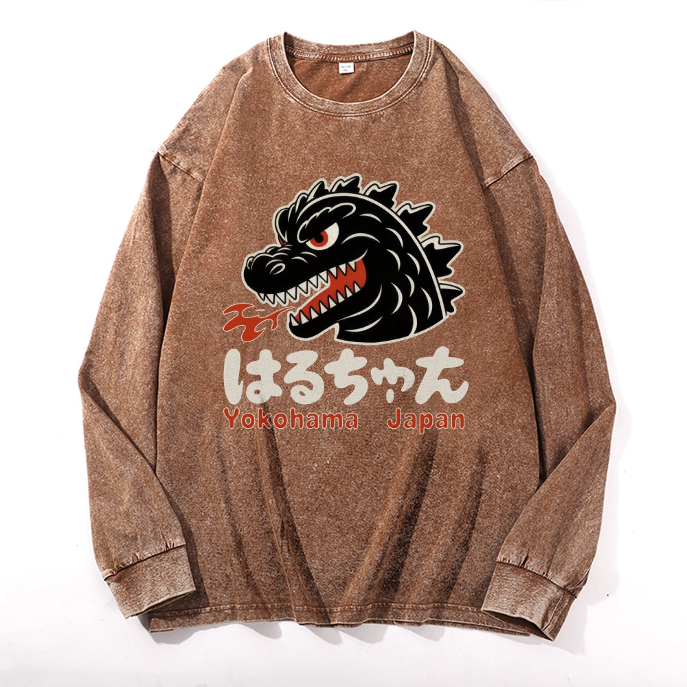 Yokohama Kaiju Vintage Cotton Wash Crewneck Long-Sleeve T-Shirt