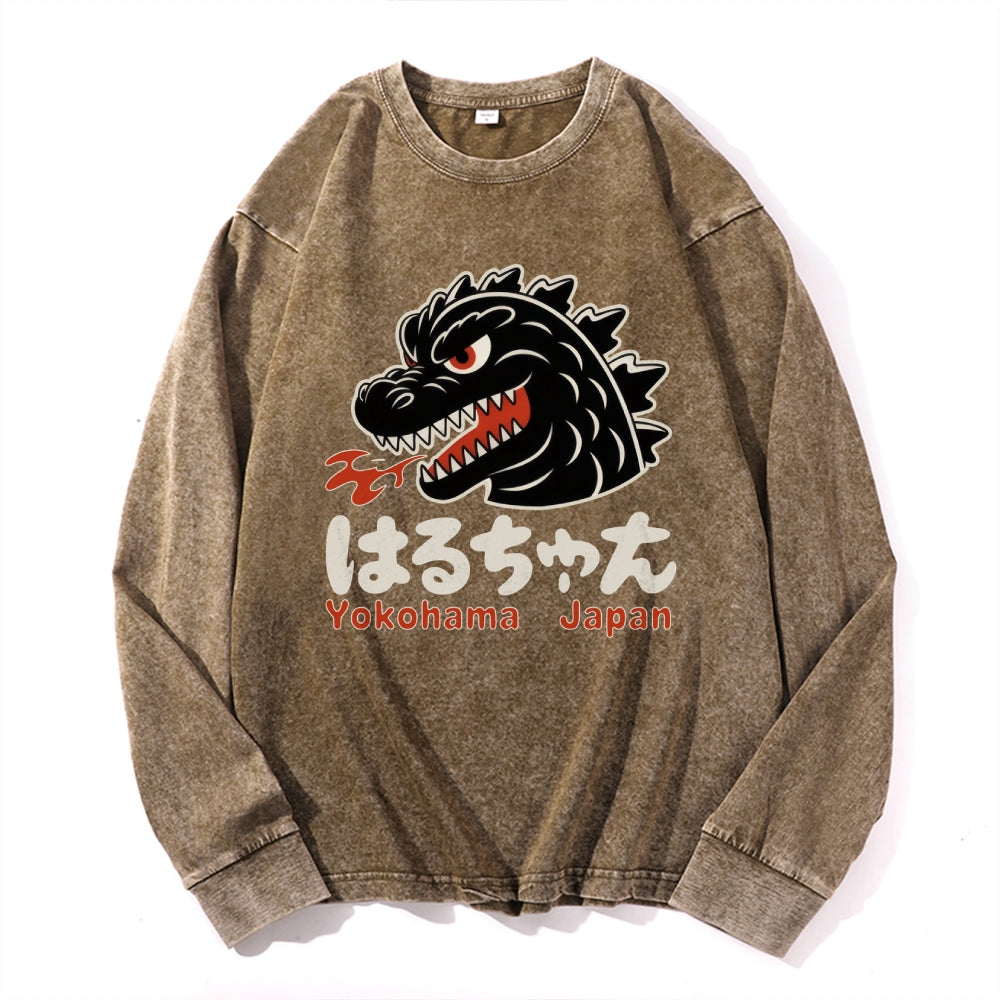 Yokohama Kaiju Vintage Cotton Wash Crewneck Long-Sleeve T-Shirt