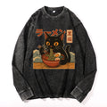 Ramen Cat Vintage Cotton Wash Crewneck Long-Sleeve T-Shirt