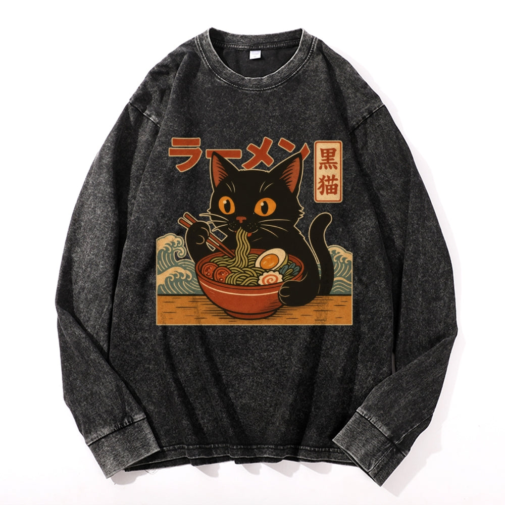 Ramen Cat Vintage Cotton Wash Crewneck Long-Sleeve T-Shirt