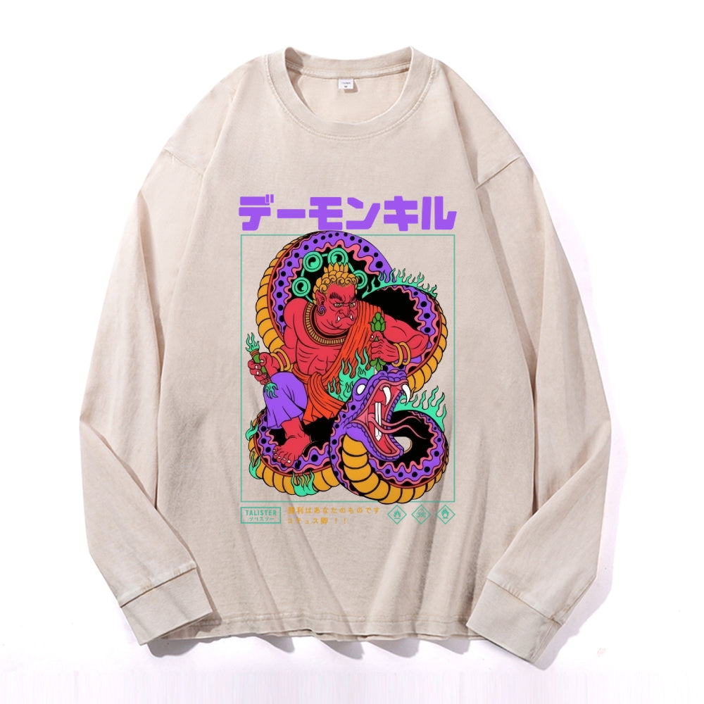 Snake Vintage Cotton Wash Crewneck Long-Sleeve T-Shirt