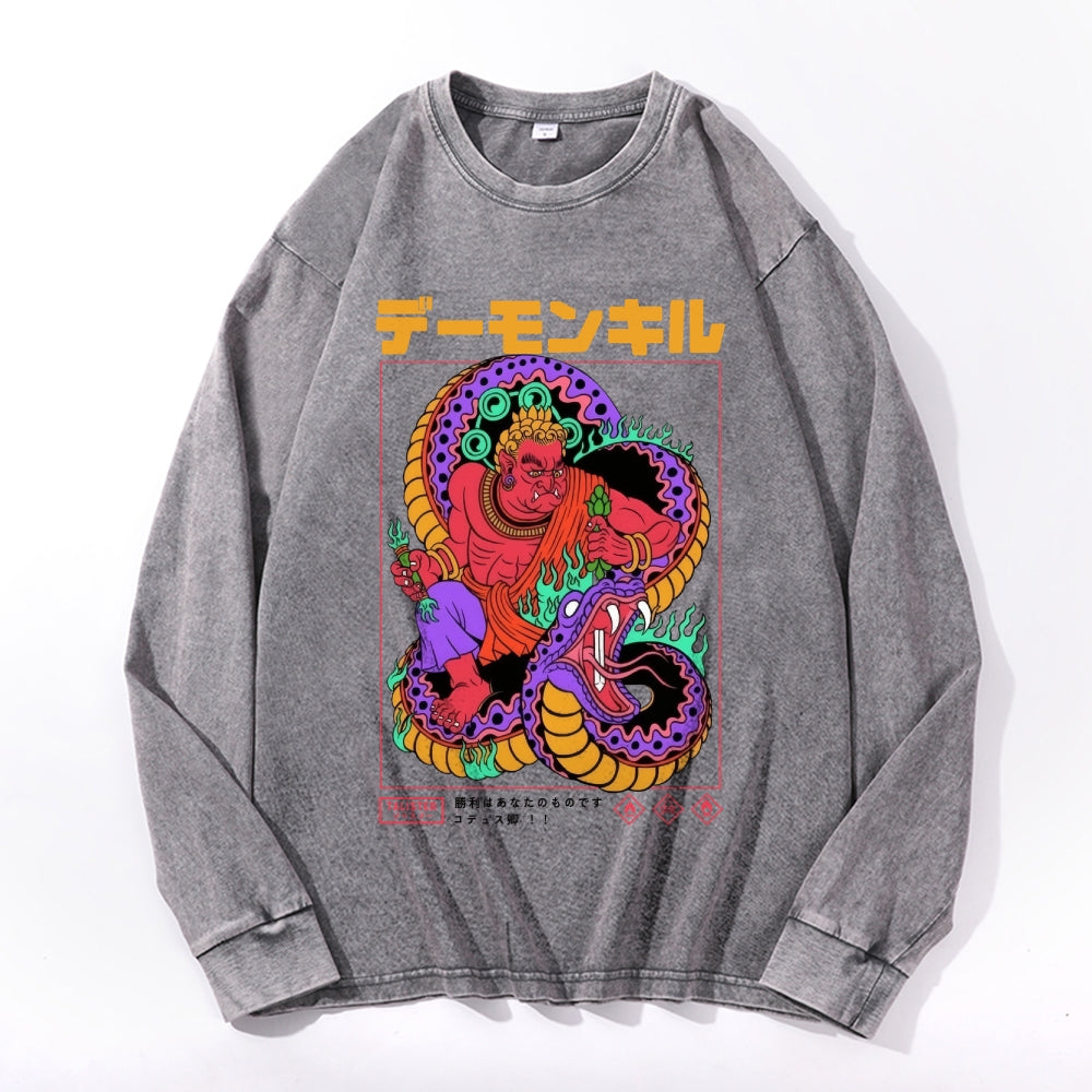 Snake Vintage Cotton Wash Crewneck Long-Sleeve T-Shirt