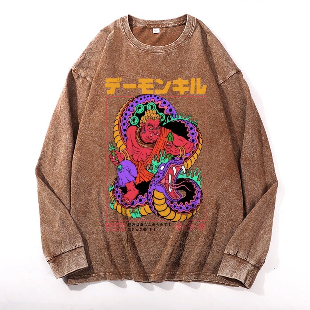 Snake Vintage Cotton Wash Crewneck Long-Sleeve T-Shirt