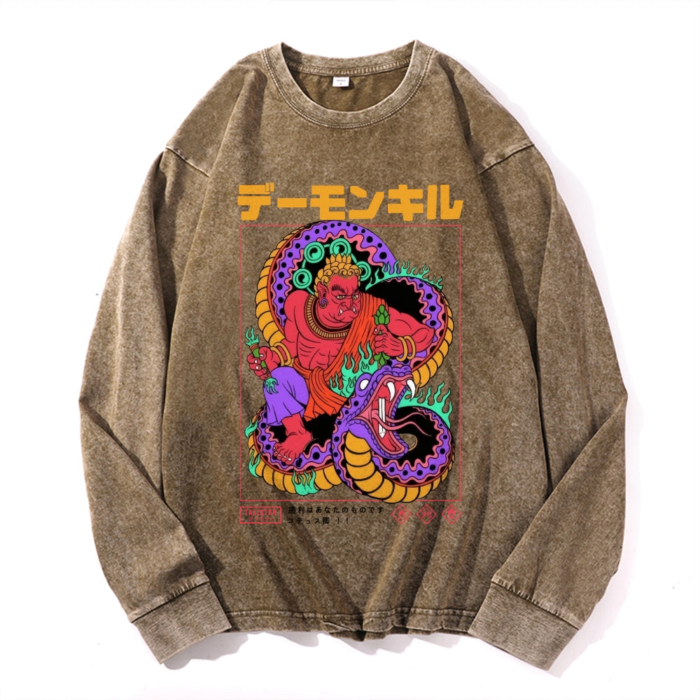 Snake Vintage Cotton Wash Crewneck Long-Sleeve T-Shirt