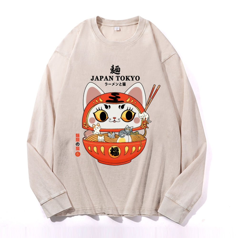 Cat Ramen Vintage Cotton Wash Crewneck Long-Sleeve T-Shirt