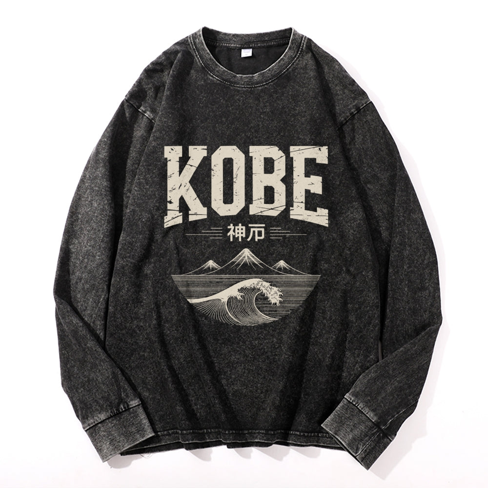 Kobe City Vintage Cotton Wash Crewneck Long-Sleeve T-Shirt