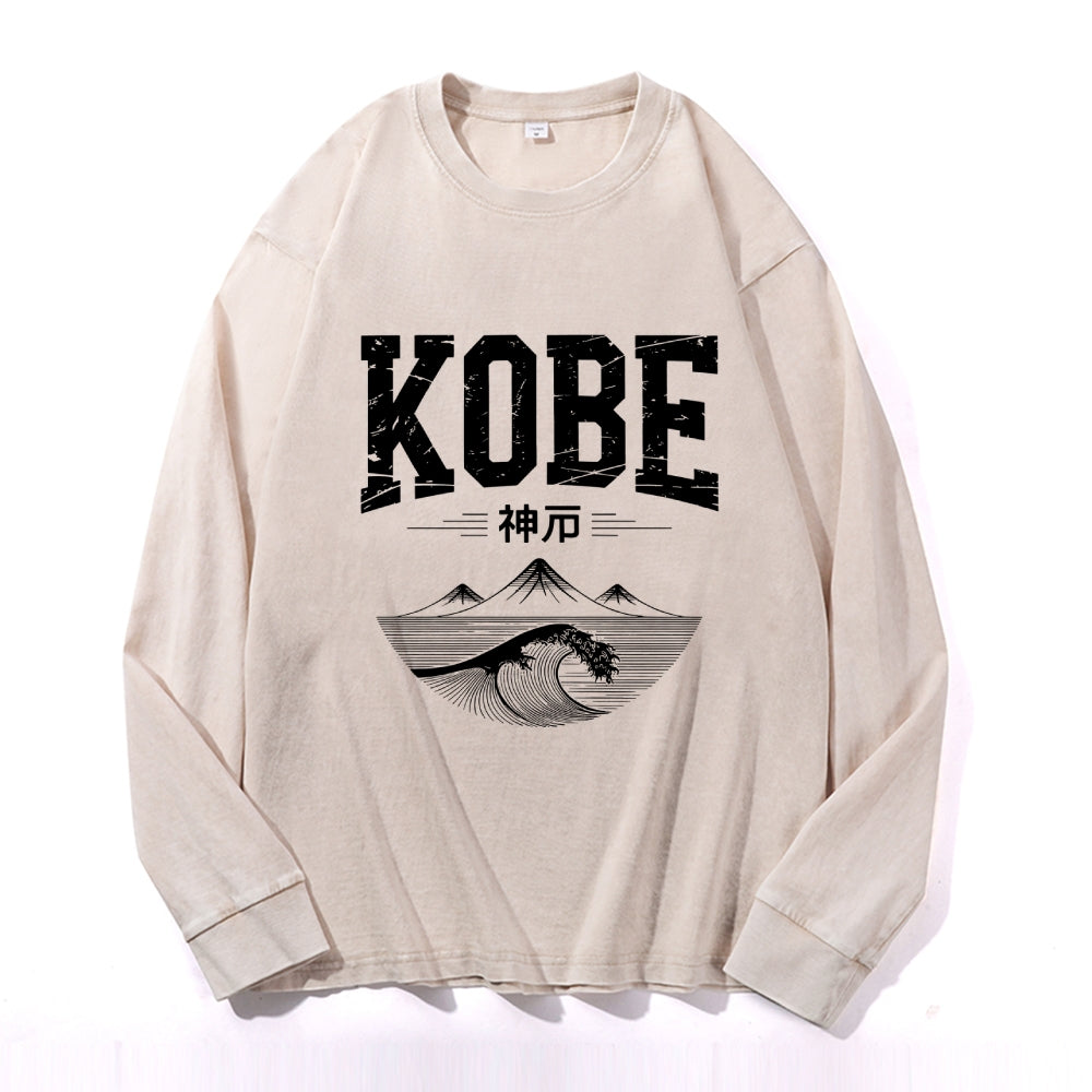 Kobe City Vintage Cotton Wash Crewneck Long-Sleeve T-Shirt