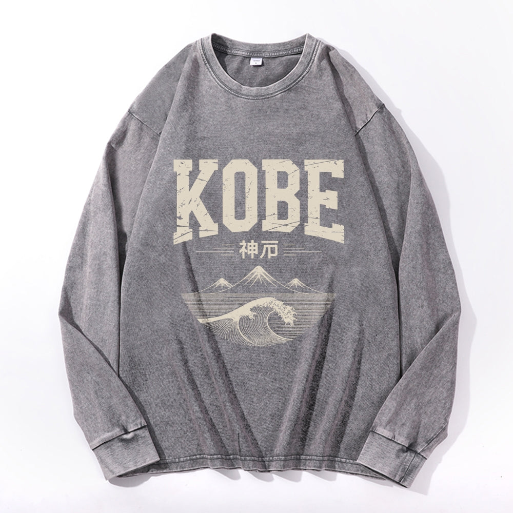 Kobe City Vintage Cotton Wash Crewneck Long-Sleeve T-Shirt