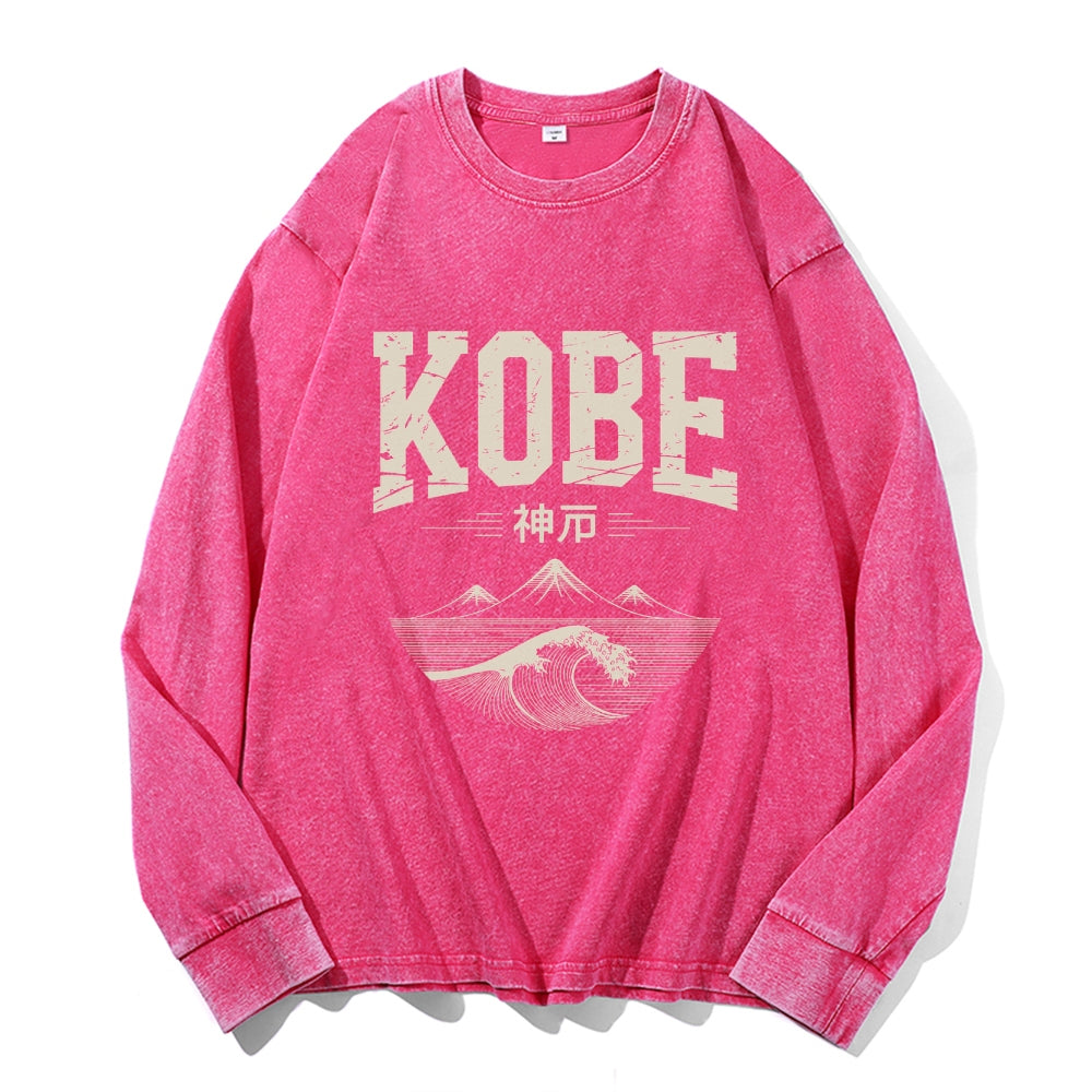 Kobe City Vintage Cotton Wash Crewneck Long-Sleeve T-Shirt