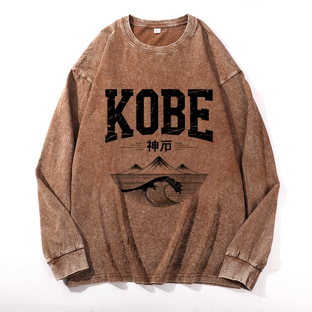 Kobe City Vintage Cotton Wash Crewneck Long-Sleeve T-Shirt