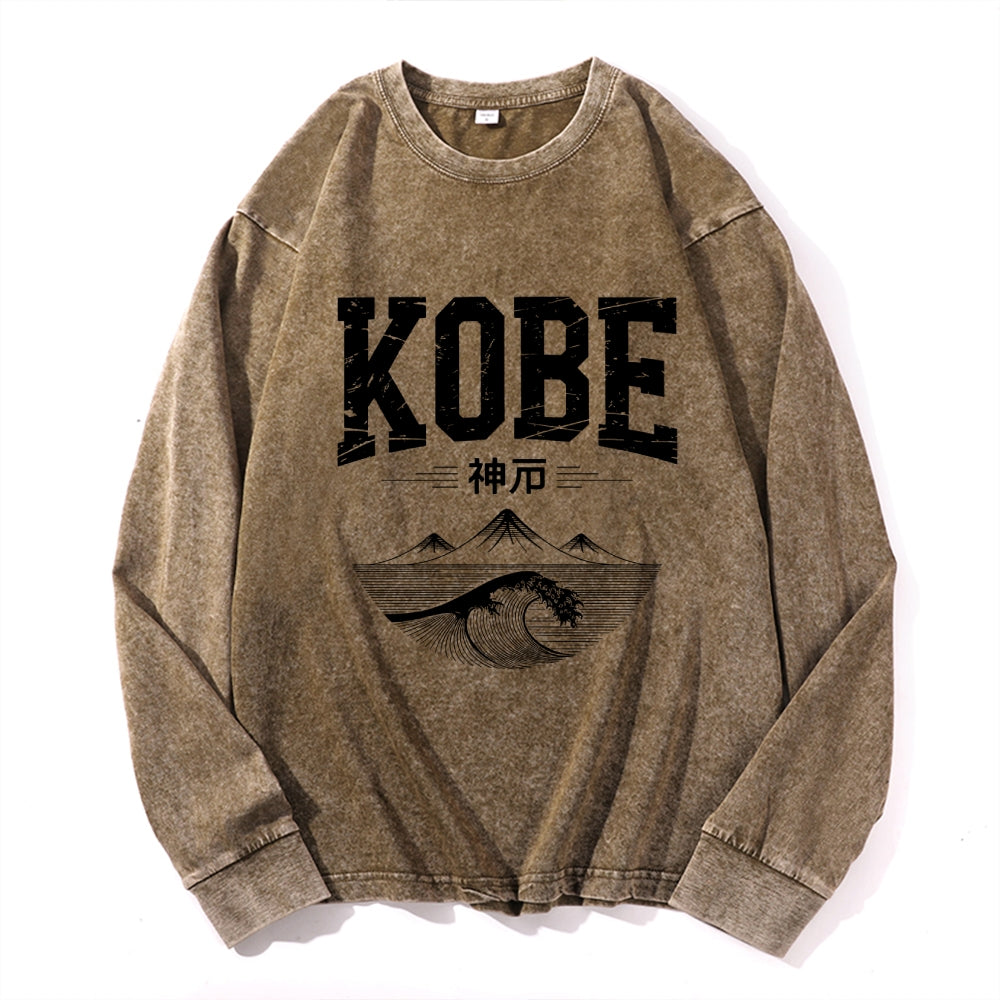 Kobe City Vintage Cotton Wash Crewneck Long-Sleeve T-Shirt