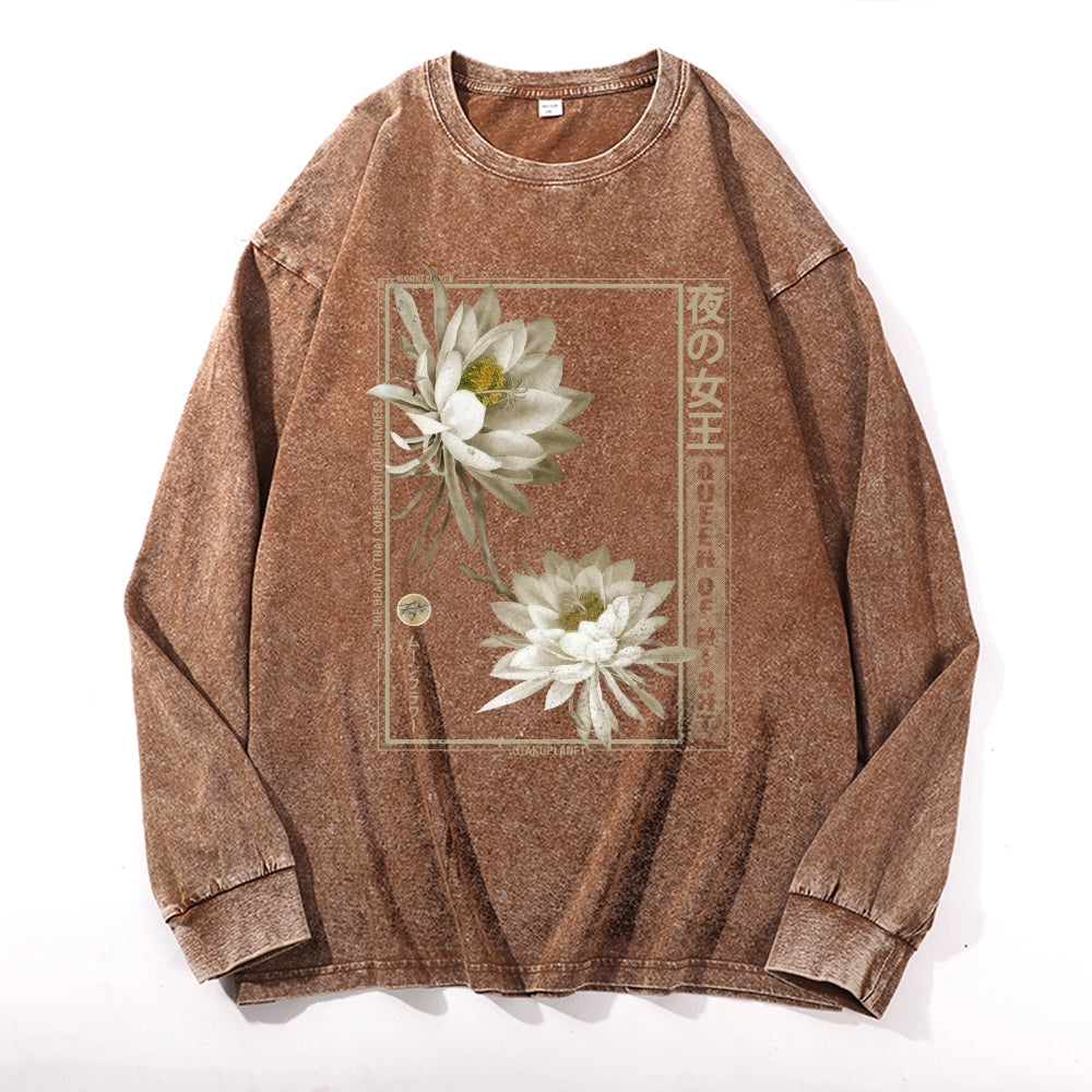 Daisy Flower Vintage Cotton Wash Crewneck Long-Sleeve T-Shirt
