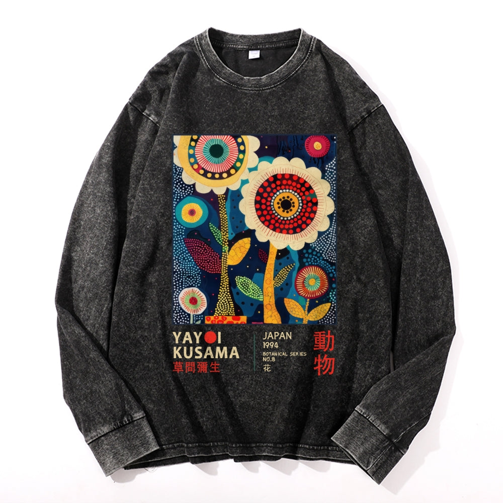 Yayoi Kusama Flower Vintage Cotton Wash Crewneck Long-Sleeve T-Shirt