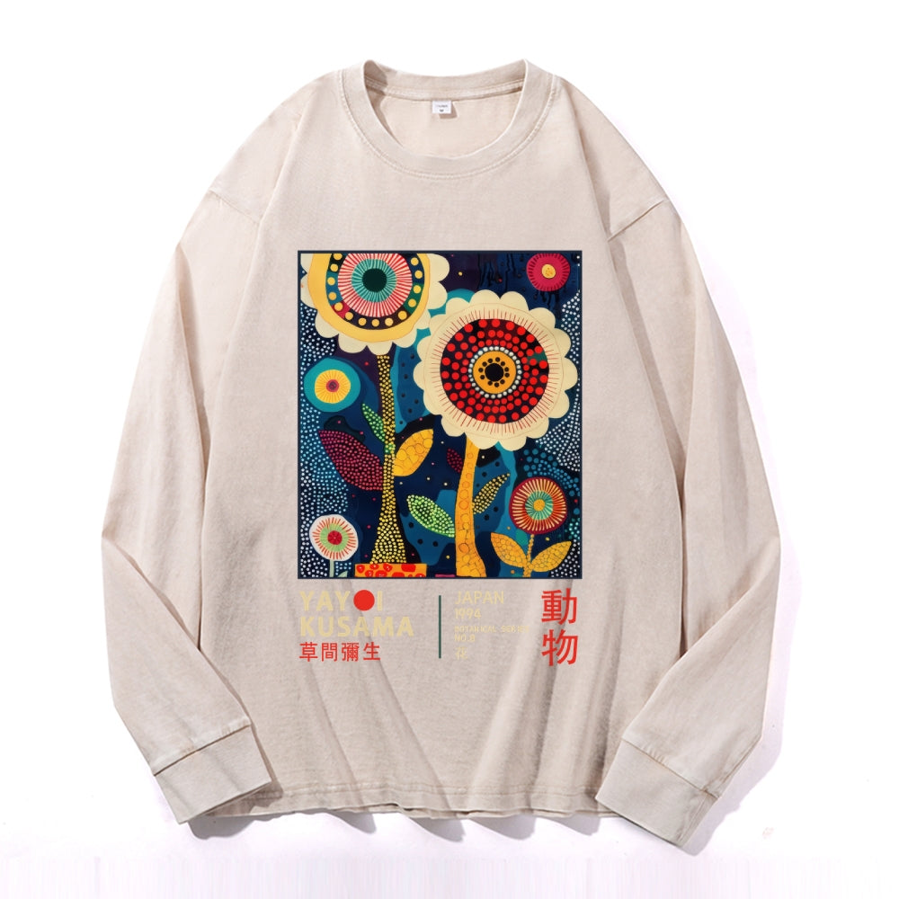 Yayoi Kusama Flower Vintage Cotton Wash Crewneck Long-Sleeve T-Shirt