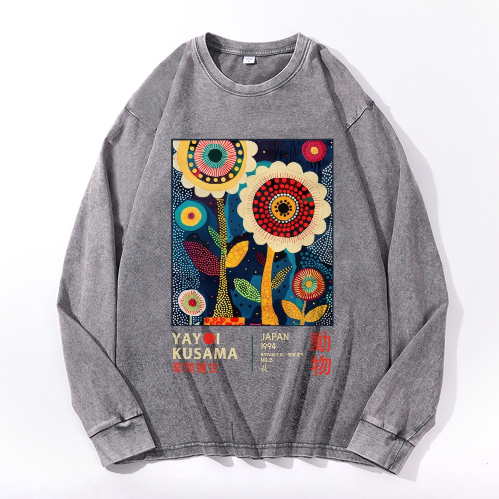 Yayoi Kusama Flower Vintage Cotton Wash Crewneck Long-Sleeve T-Shirt