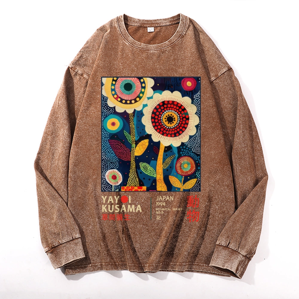 Yayoi Kusama Flower Vintage Cotton Wash Crewneck Long-Sleeve T-Shirt