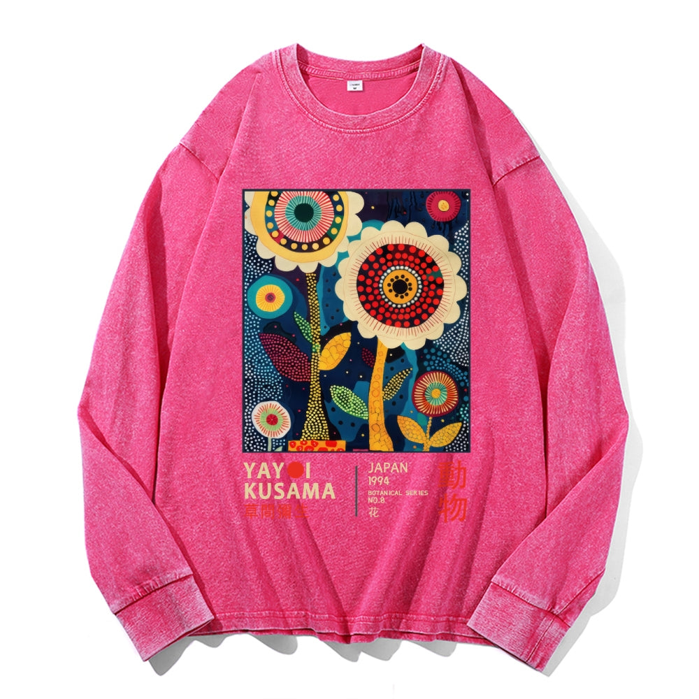Yayoi Kusama Flower Vintage Cotton Wash Crewneck Long-Sleeve T-Shirt