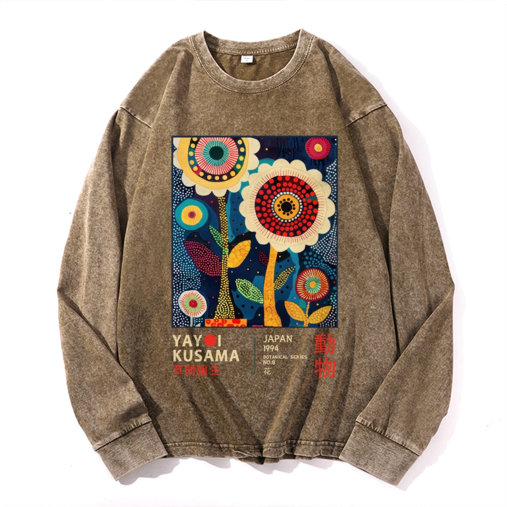 Yayoi Kusama Flower Vintage Cotton Wash Crewneck Long-Sleeve T-Shirt