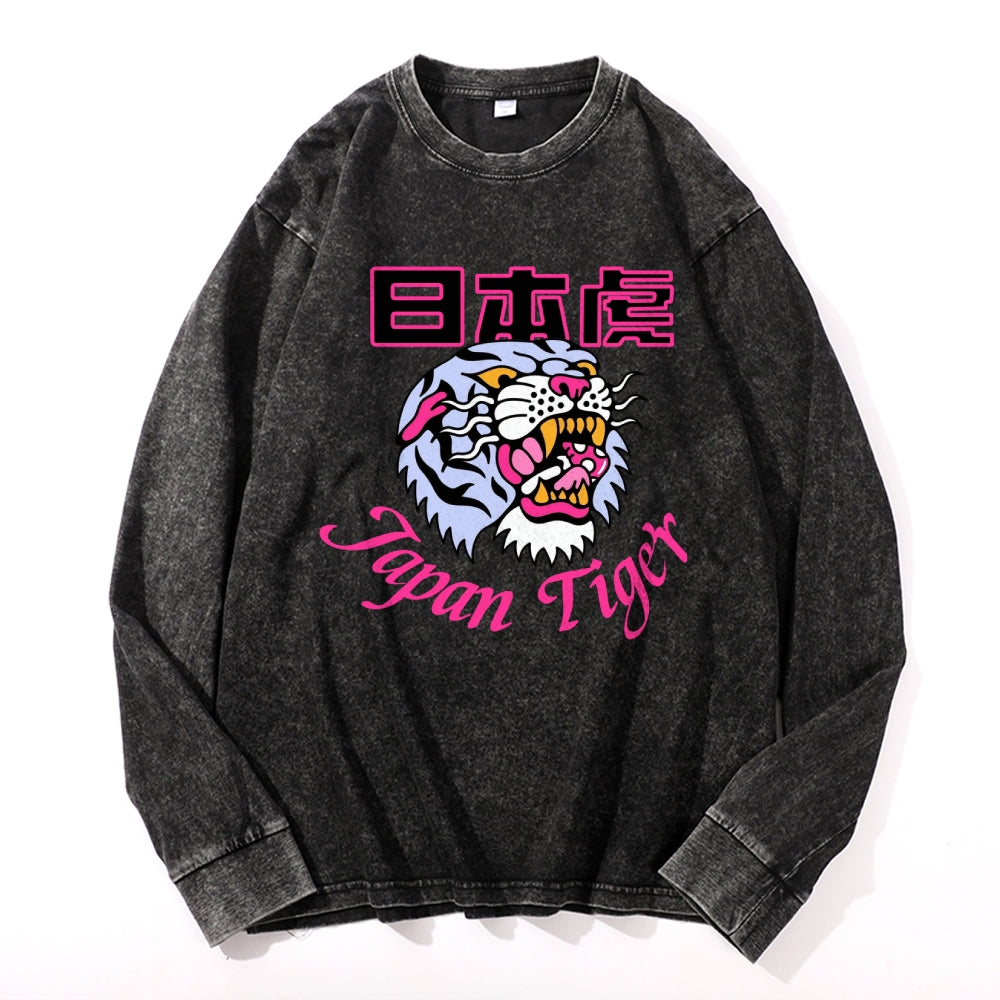 Japan Tiger Vintage Cotton Wash Crewneck Long-Sleeve T-Shirt