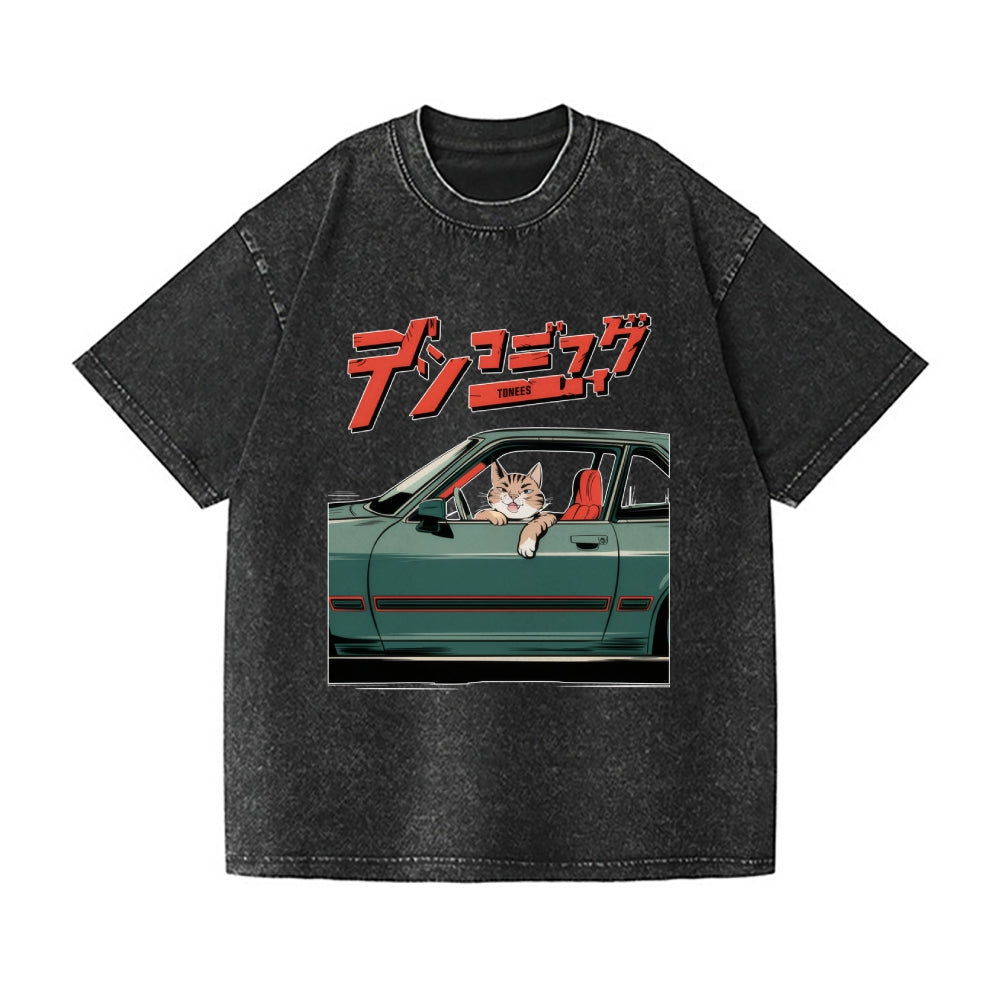 Racing Car Cat Vintage Wash Japanese Design T-Shirt