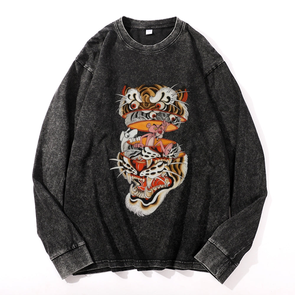 Pink Tiger Vintage Cotton Wash Crewneck Long-Sleeve T-Shirt