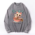 Ramen Cat Vintage Cotton Wash Crewneck Long-Sleeve T-Shirt