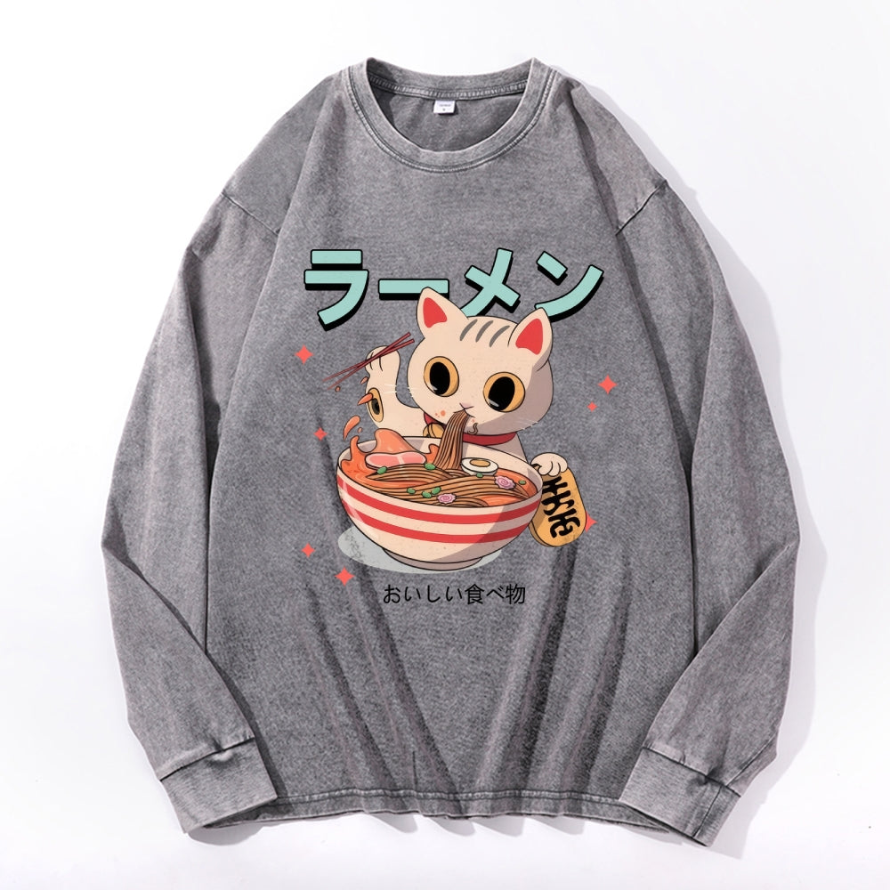 Ramen Cat Vintage Cotton Wash Crewneck Long-Sleeve T-Shirt