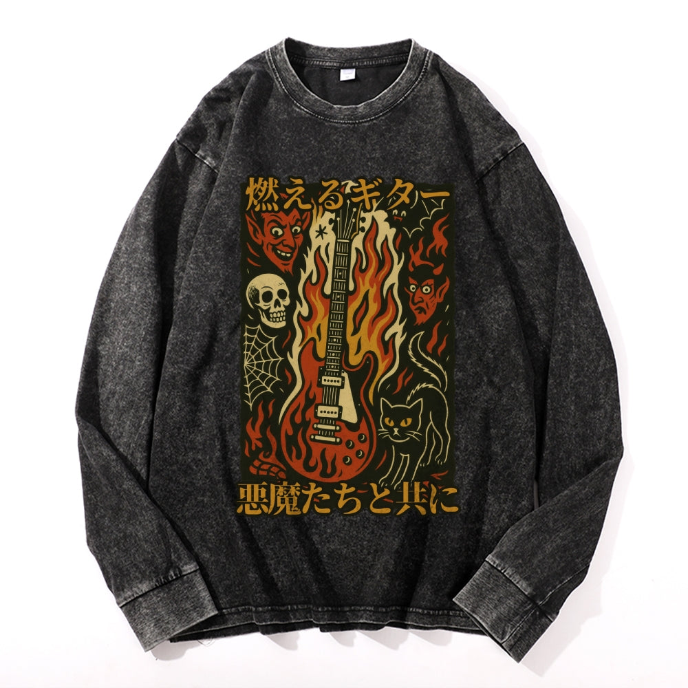 Flame Skull Vintage Cotton Wash Crewneck Long-Sleeve T-Shirt