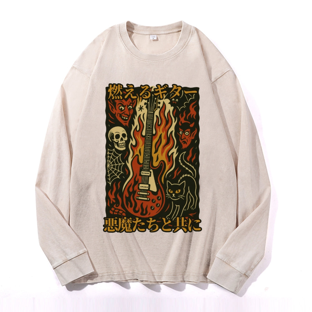 Flame Skull Vintage Cotton Wash Crewneck Long-Sleeve T-Shirt