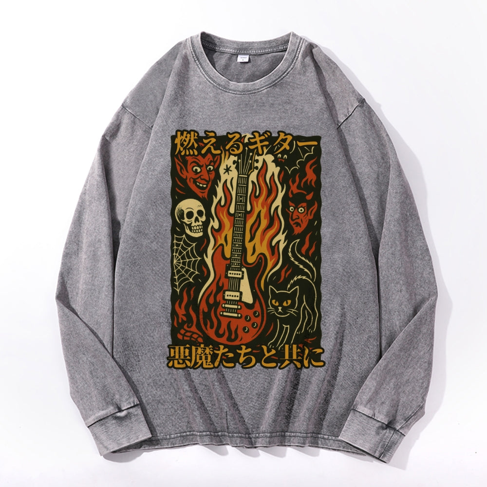 Flame Skull Vintage Cotton Wash Crewneck Long-Sleeve T-Shirt