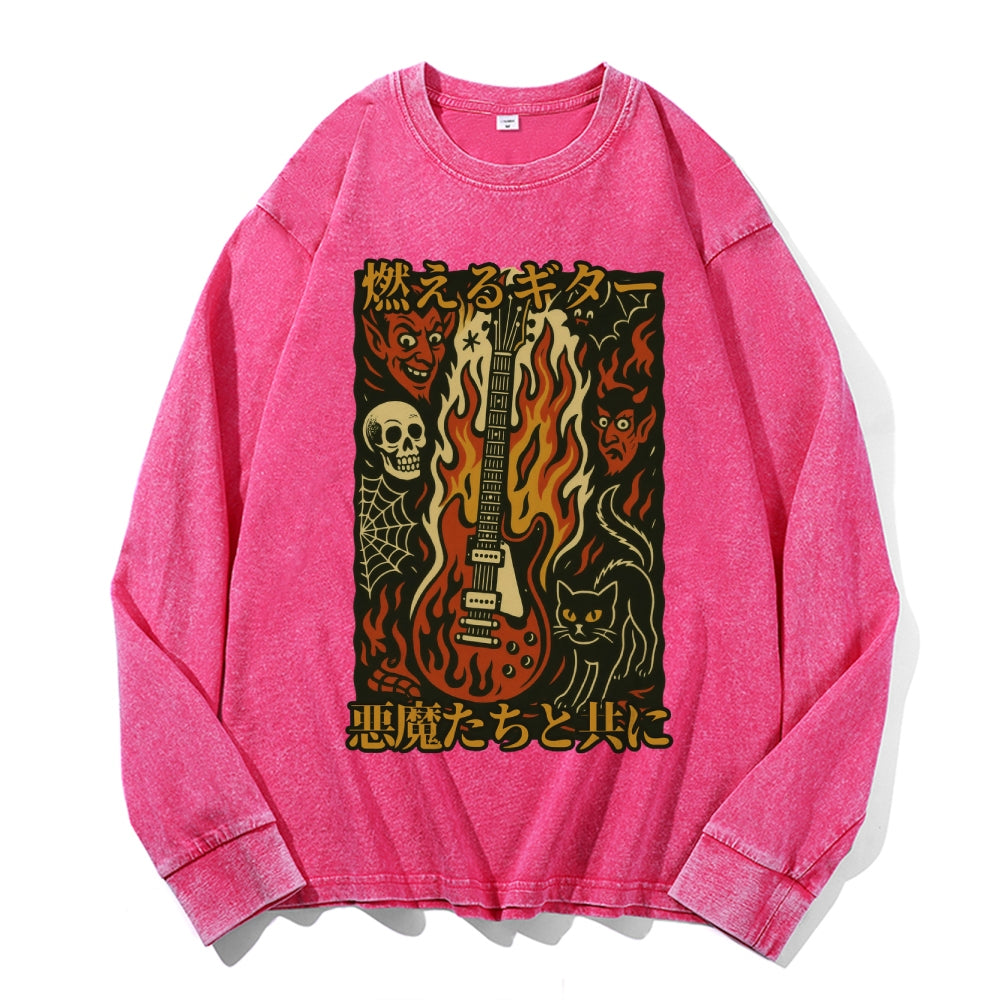 Flame Skull Vintage Cotton Wash Crewneck Long-Sleeve T-Shirt