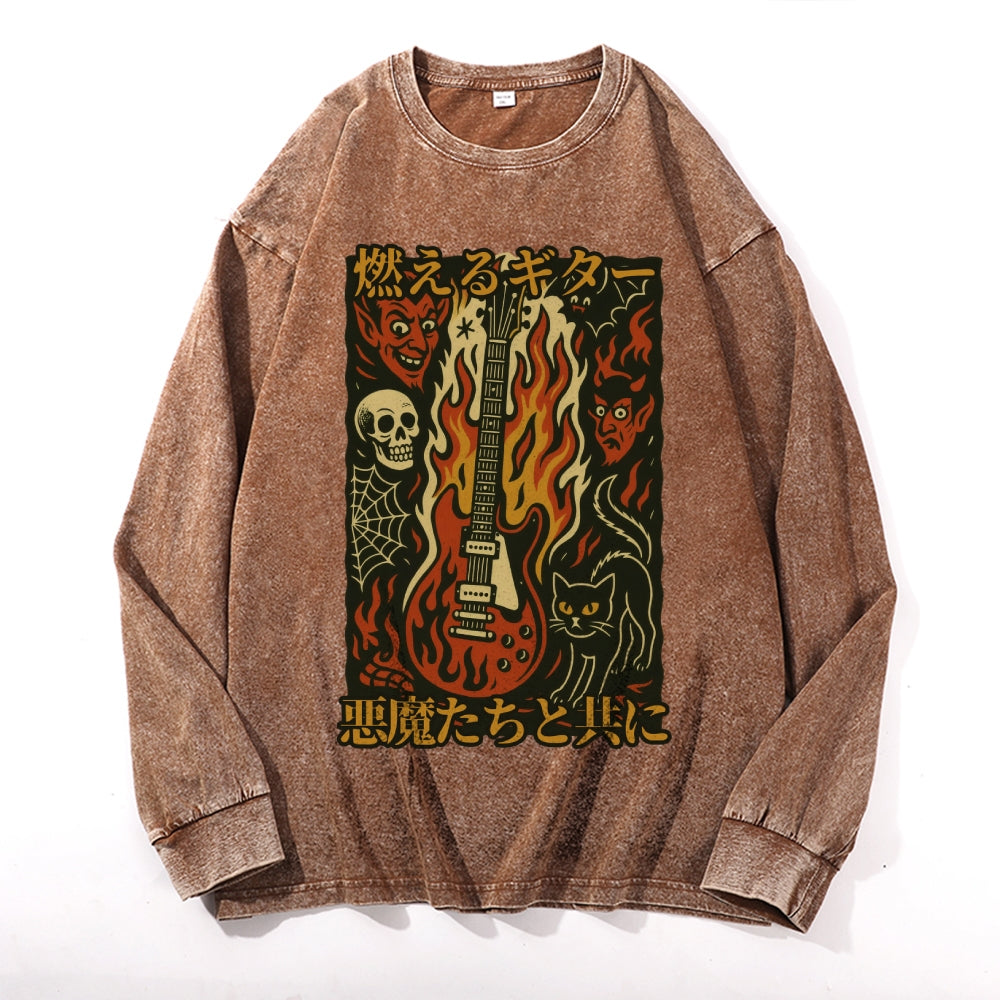 Flame Skull Vintage Cotton Wash Crewneck Long-Sleeve T-Shirt