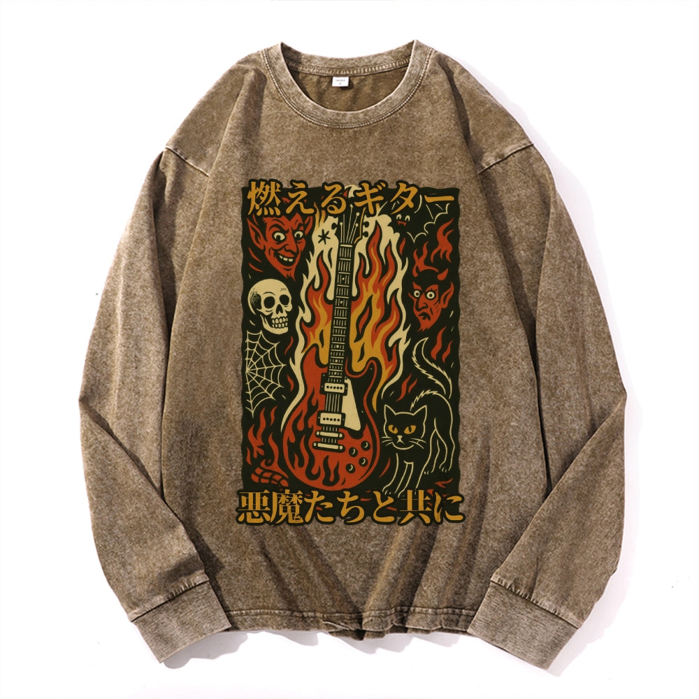 Flame Skull Vintage Cotton Wash Crewneck Long-Sleeve T-Shirt