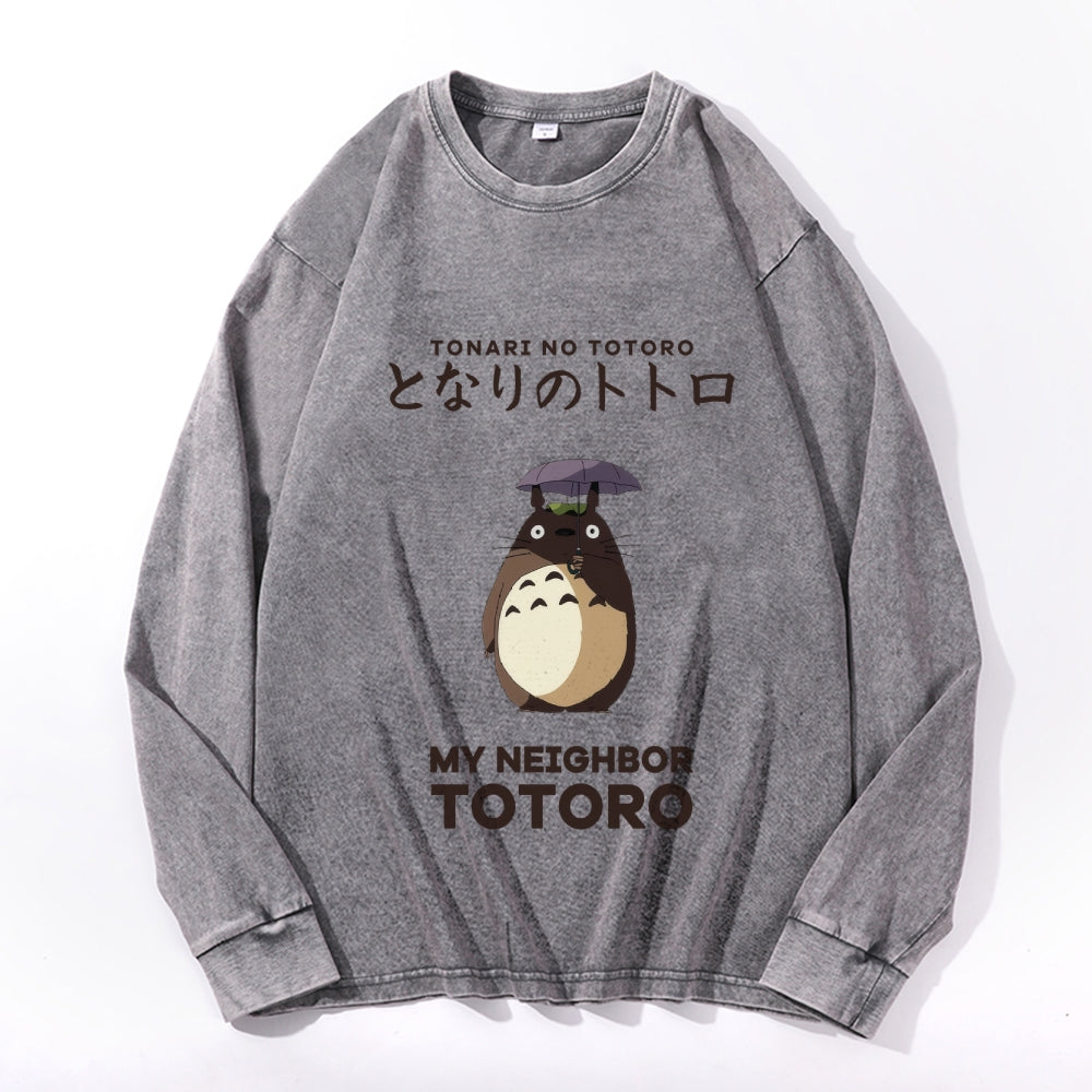Ghibli Totoro Vintage Cotton Wash Crewneck Long-Sleeve T-Shirt