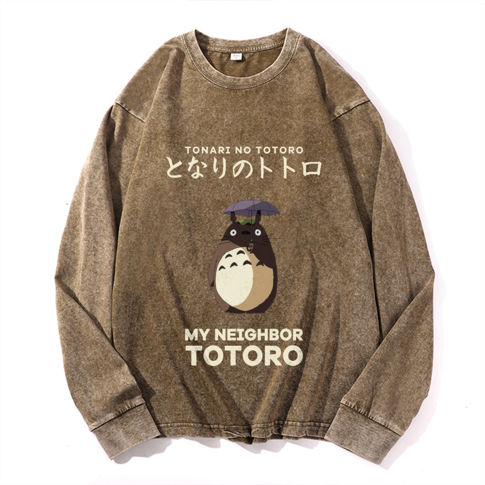 Ghibli Totoro Vintage Cotton Wash Crewneck Long-Sleeve T-Shirt