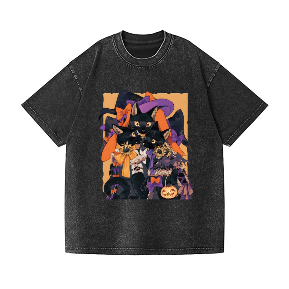 Halloween Black Cat Vintage Wash Japanese Design T-Shirt