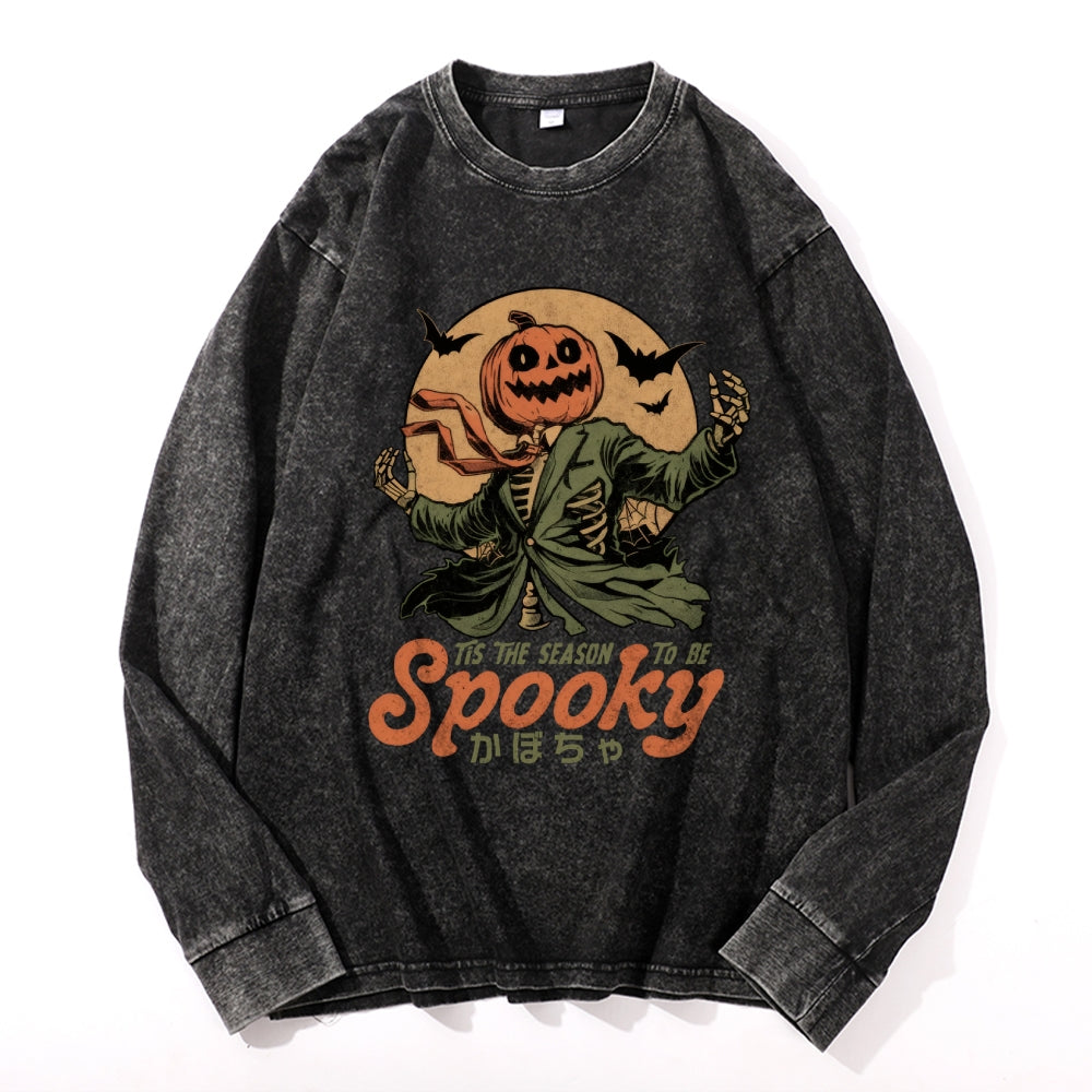 Halloween Pumpkin Vintage Cotton Wash Crewneck Long-Sleeve T-Shirt