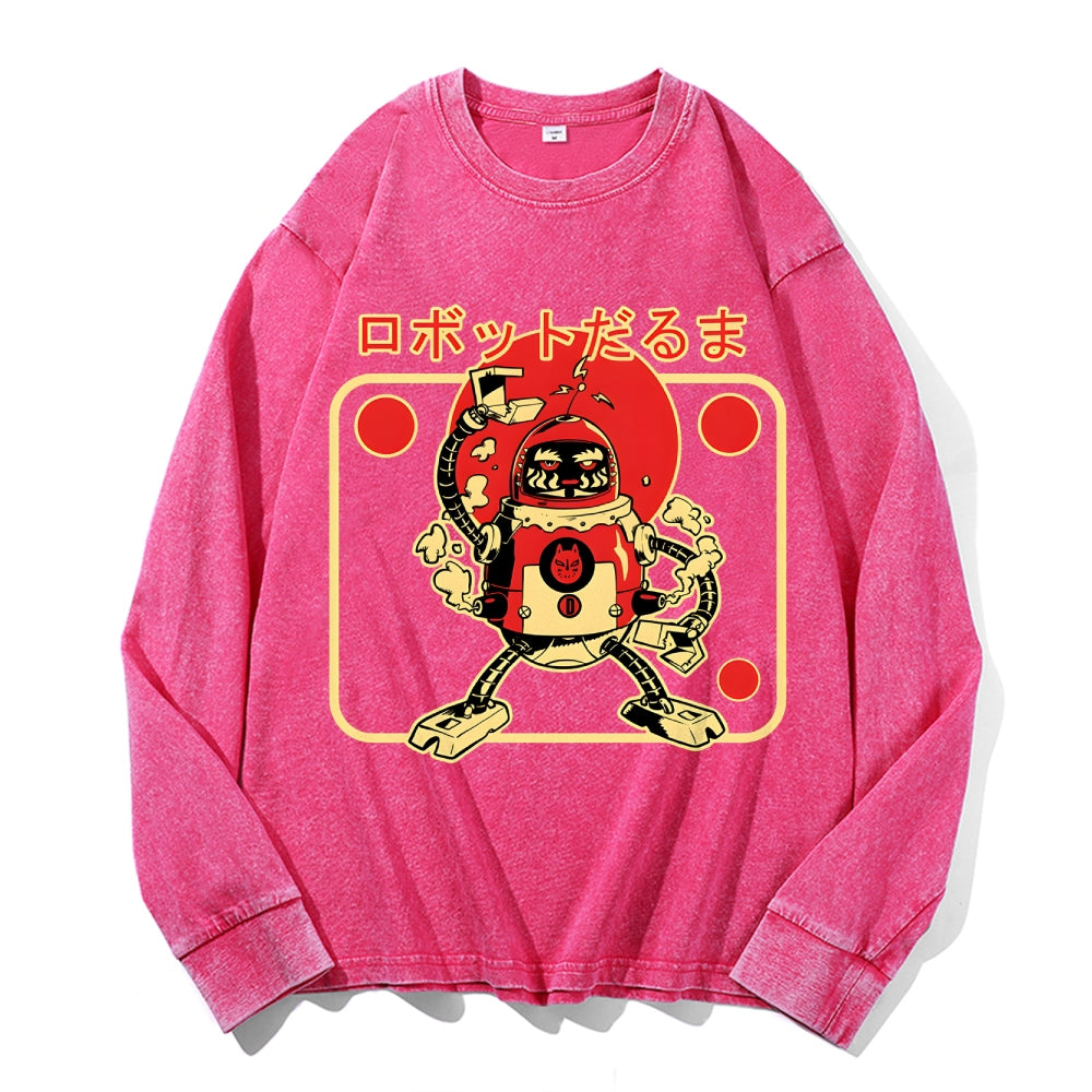 Daruma Robotics Vintage Cotton Wash Crewneck Long-Sleeve T-Shirt