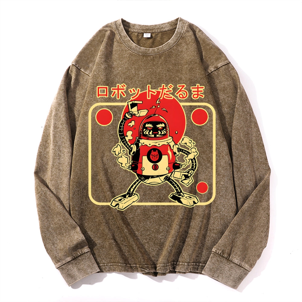 Daruma Robotics Vintage Cotton Wash Crewneck Long-Sleeve T-Shirt