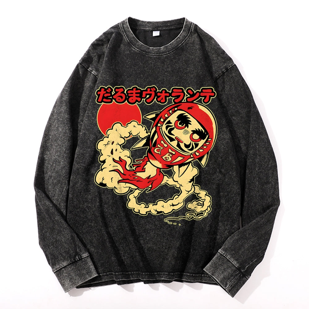 Daruma Doll Vintage Cotton Wash Crewneck Long-Sleeve T-Shirt