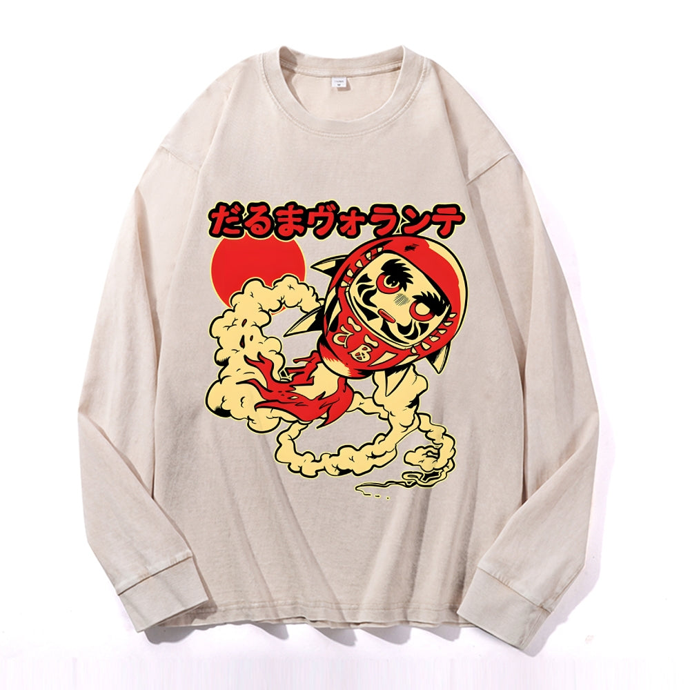 Daruma Doll Vintage Cotton Wash Crewneck Long-Sleeve T-Shirt