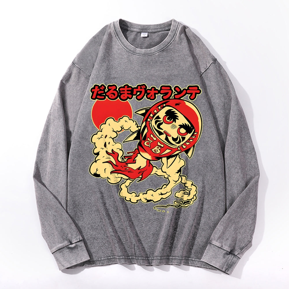 Daruma Doll Vintage Cotton Wash Crewneck Long-Sleeve T-Shirt