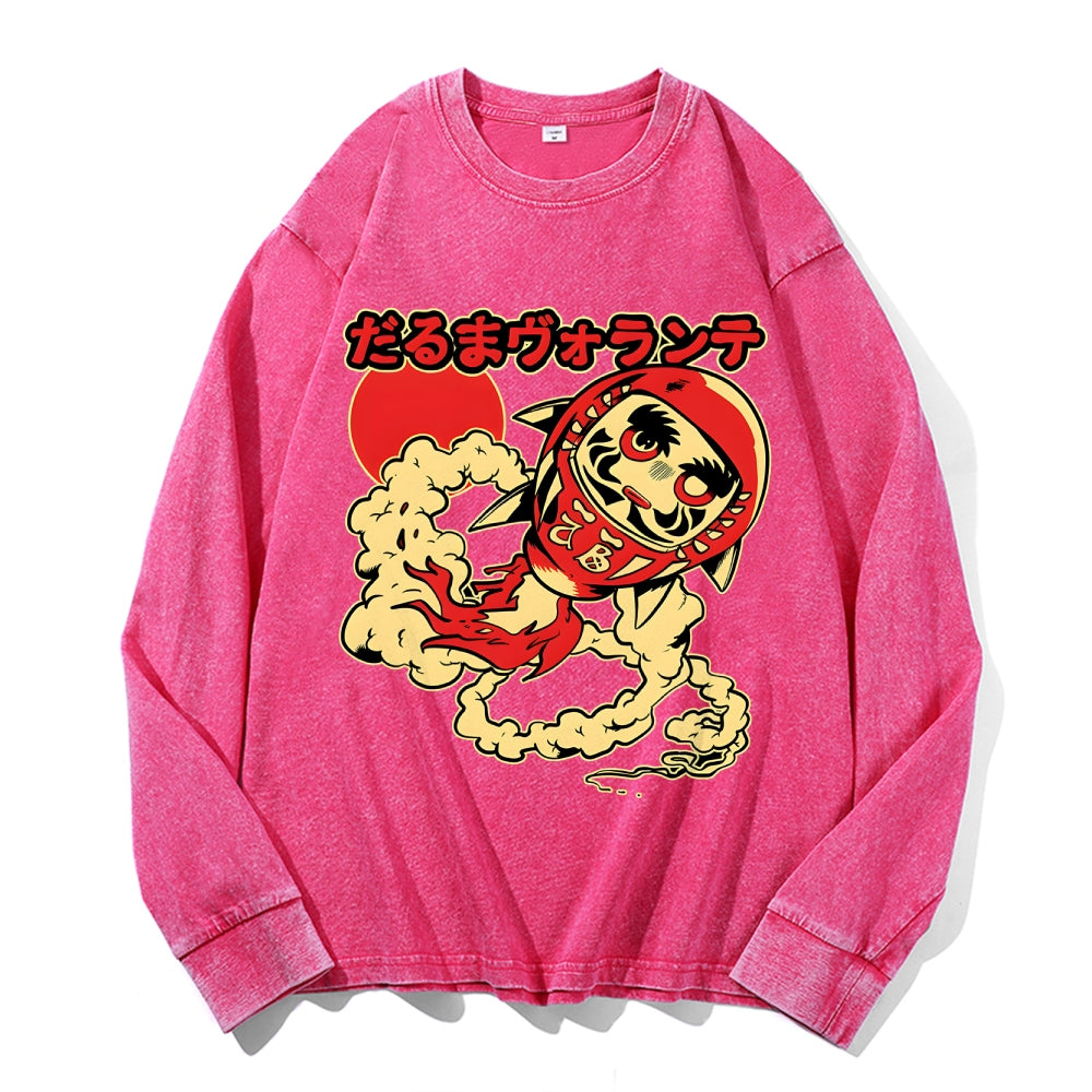 Daruma Doll Vintage Cotton Wash Crewneck Long-Sleeve T-Shirt