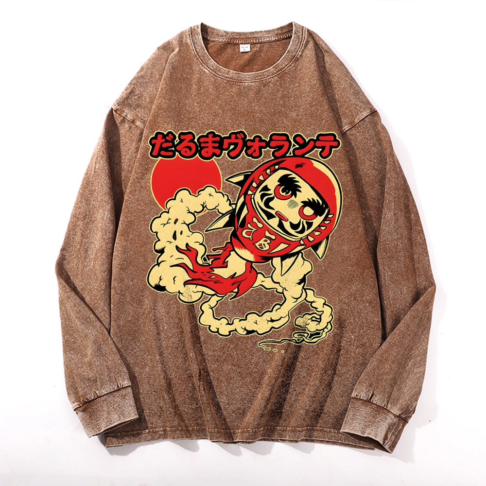Daruma Doll Vintage Cotton Wash Crewneck Long-Sleeve T-Shirt