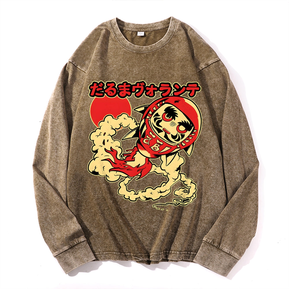 Daruma Doll Vintage Cotton Wash Crewneck Long-Sleeve T-Shirt