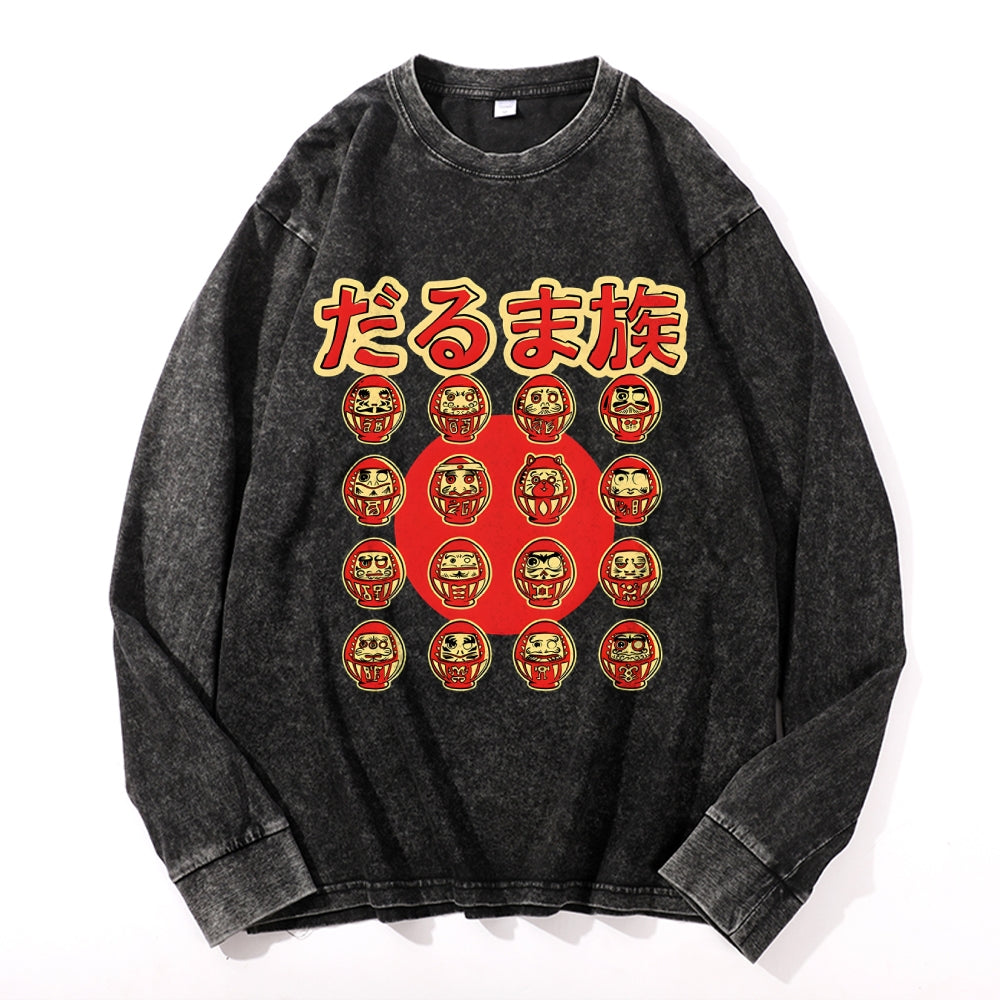 Daruma tribe Vintage Cotton Wash Crewneck Long-Sleeve T-Shirt